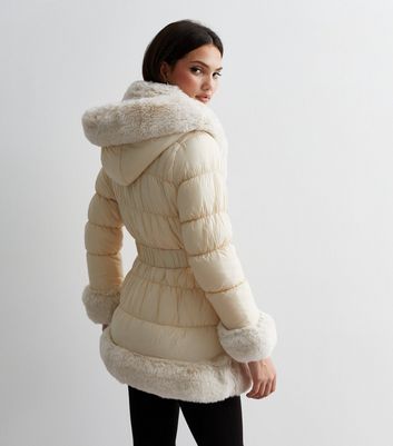 Belted Faux Fur Trim Puffer Jacket - Taupe