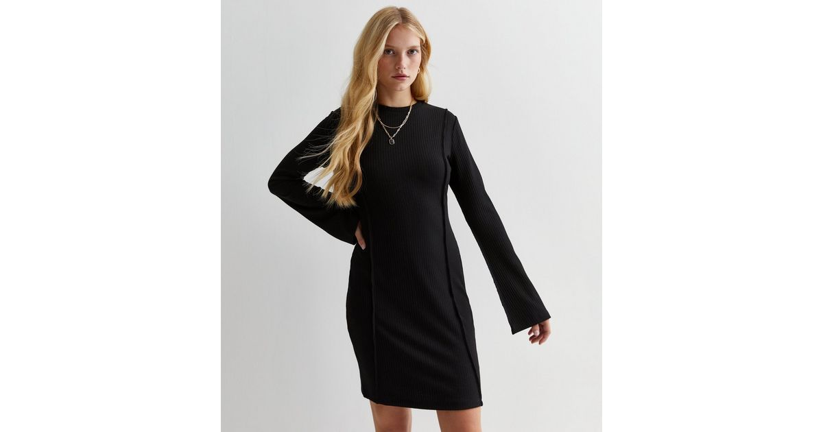 Petite Black Ribbed Flared Sleeve Bodycon Mini Dress New Look