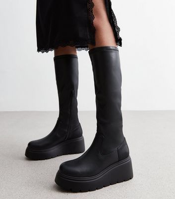 Black Leather-Look Stretch Wedge Heel High Leg Boots New Look