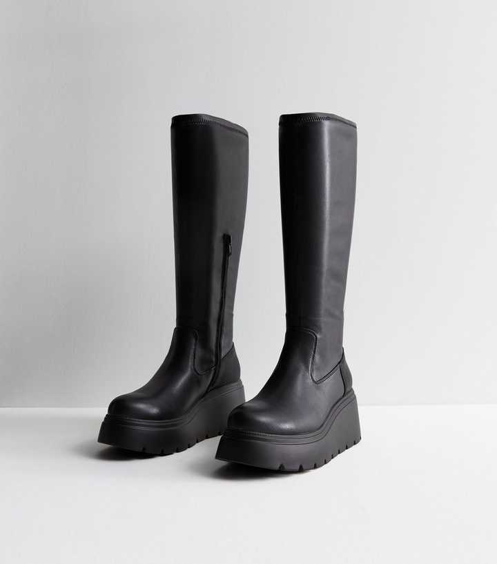 wedge black knee high boots