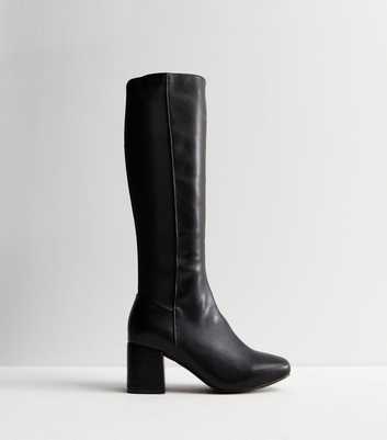 Wide Fit Black Leather-Look Stretch Block Heel Knee High Boots
