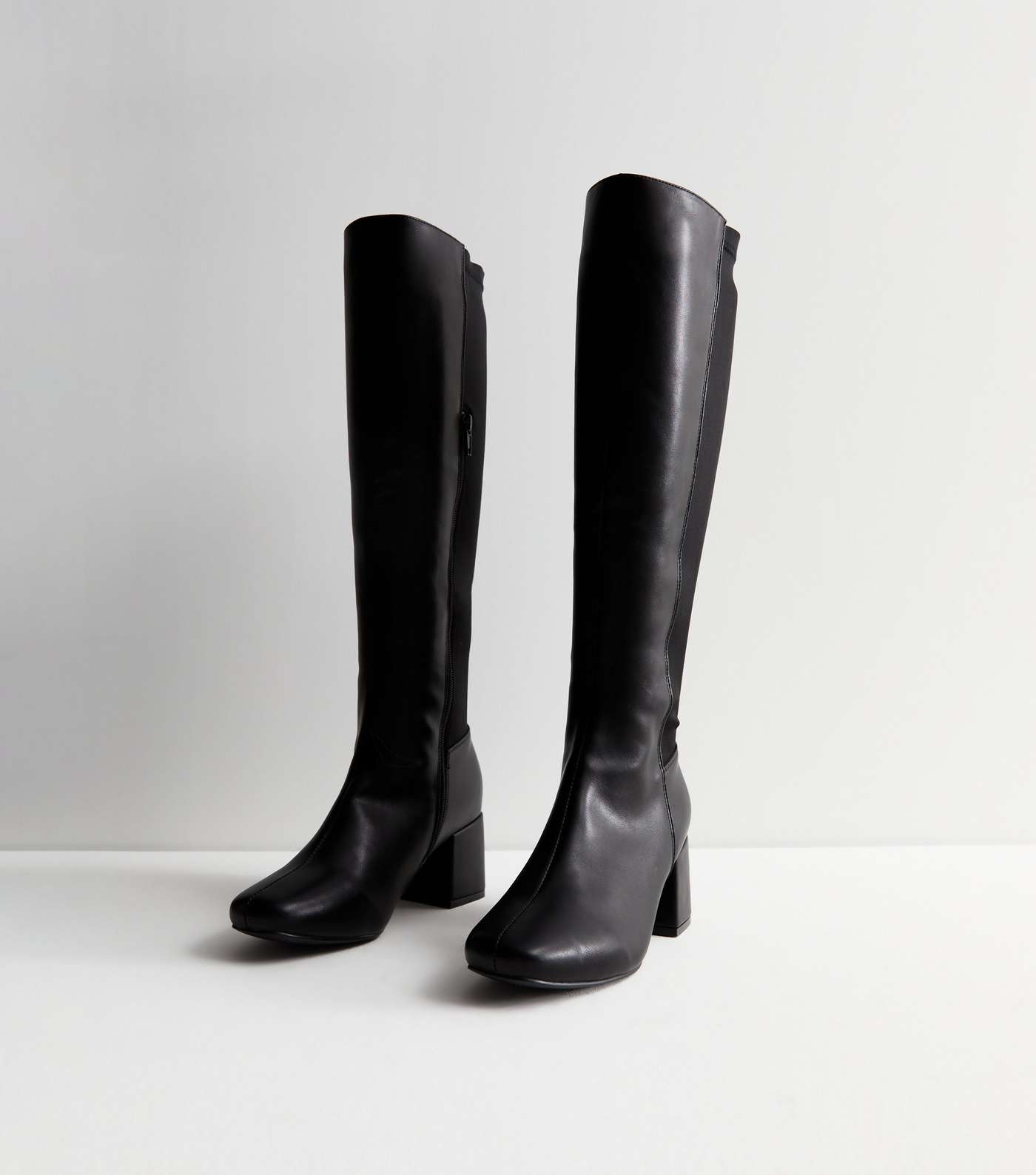 Wide Fit Black Leather-Look Stretch Block Heel Knee High Boots Image 5