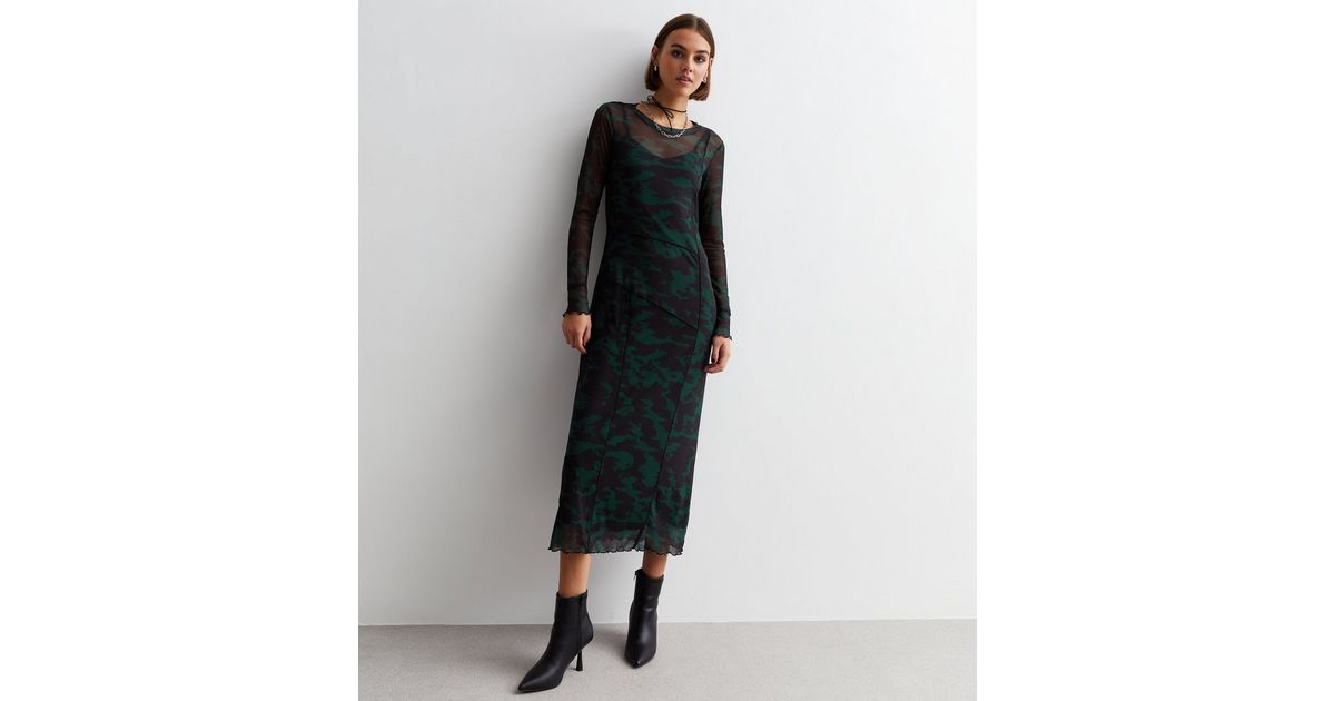 Green Camo Print Long Sleeve Midaxi Dress New Look