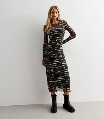 Black Zebra Print Mesh Long Sleeve Midaxi Dress New Look