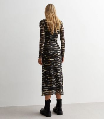 Black Zebra Print Mesh Long Sleeve Midaxi Dress New Look