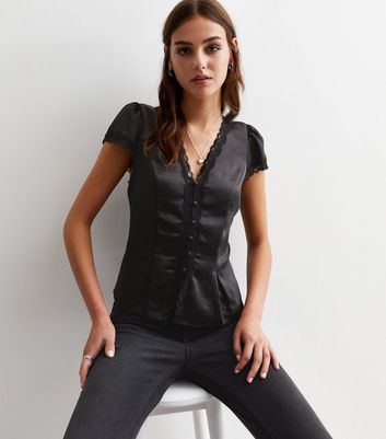 Black Satin Lace Trim Blouse | New Look