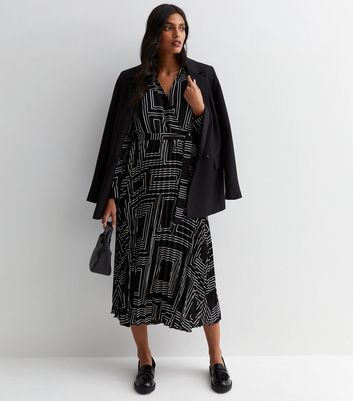 Black Abstract Long Sleeve Belted Pleated Midi Dress | New Look