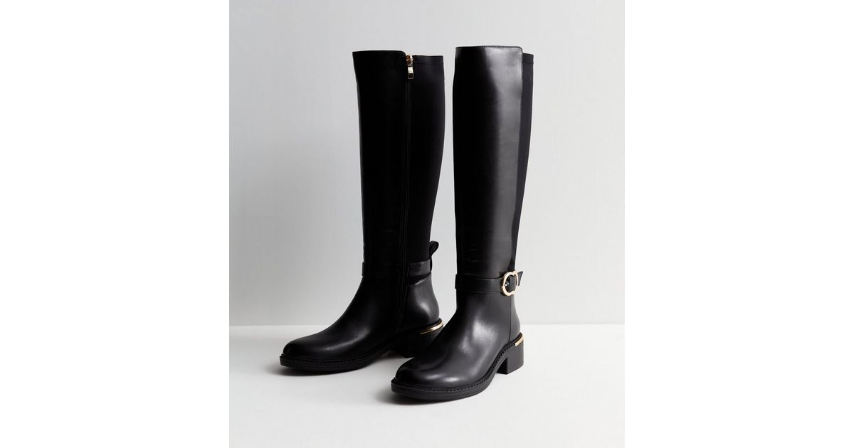 Wide Fit Black Leather-Look Buckle Knee High Boots New Look