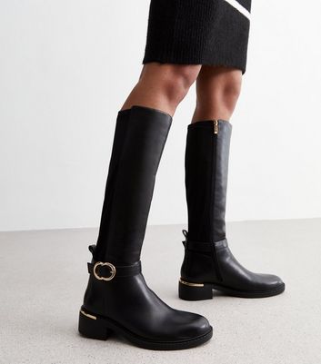 Wide Fit Black Leather-Look Buckle Knee High Boots New Look