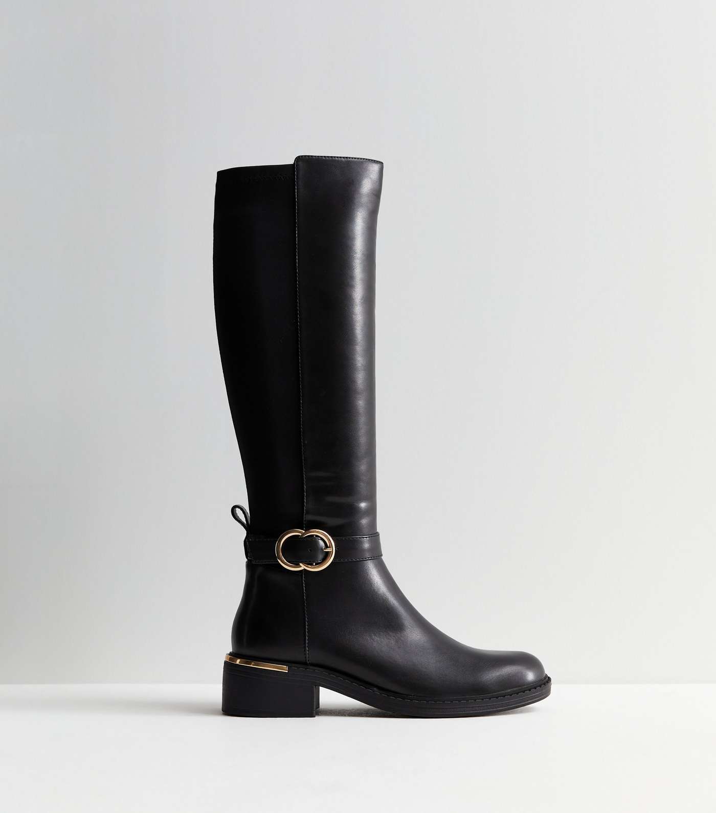 Wide Fit Black Leather-Look Buckle Knee High Boots | New Look