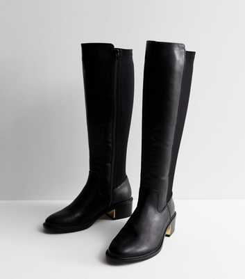 Black Leather-Look Knee High Metal Trim Riding Boots