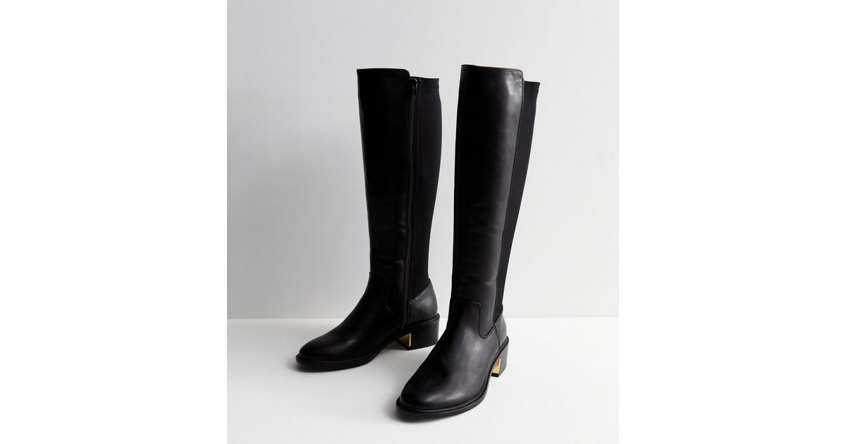 Black LeatherLook Knee High Metal Trim Riding Boots New Look