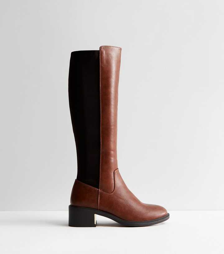 Tan Leather-Look Knee High Metal Trim Riding Boots