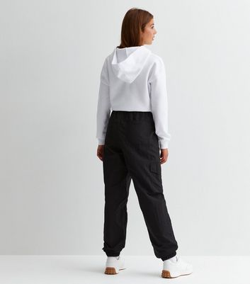 Girls Black Hem Pockets Parachute Cargos
