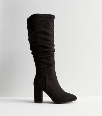 Pointed Toe Block Heel Tall Boots - Black