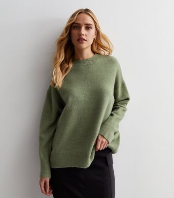 Olive Knit Crew Neck Oversized Jumper