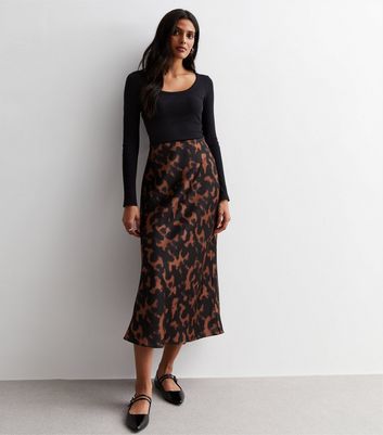 Brown Tortoiseshell Print Satin Bias Cut Midi Skirt New Look