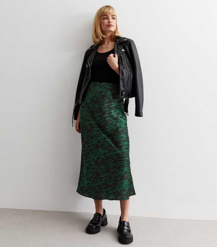 Satin Skirt Cheetah Green Skirt Green Leopard Midi Skirt Green Leopard  Print Green Midi Skirt New