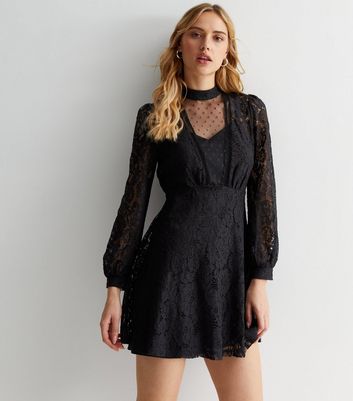 Black lace sleeve deals dress new look