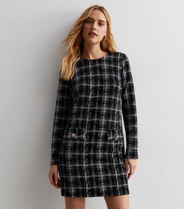 Black Check Jersey Long Sleeve Mini Dress