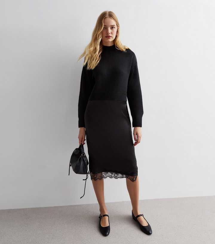 Black 2 in 1 Lace Hem Midi Jumper Dress
