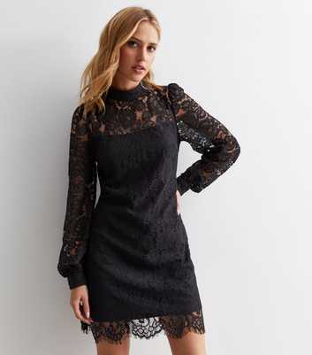 Black Lace High Neck Mini Tunic Dress