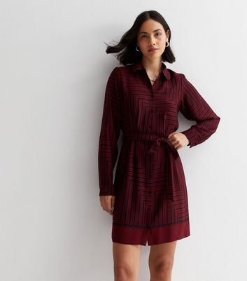 Red Line Print Belted Mini Shirt Dress New Look