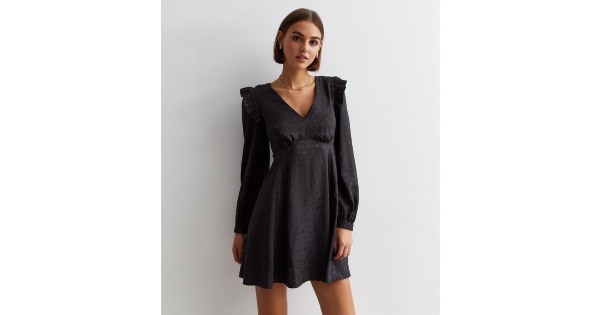 Black Satin Spot Jacquard Mini Dress | New Look