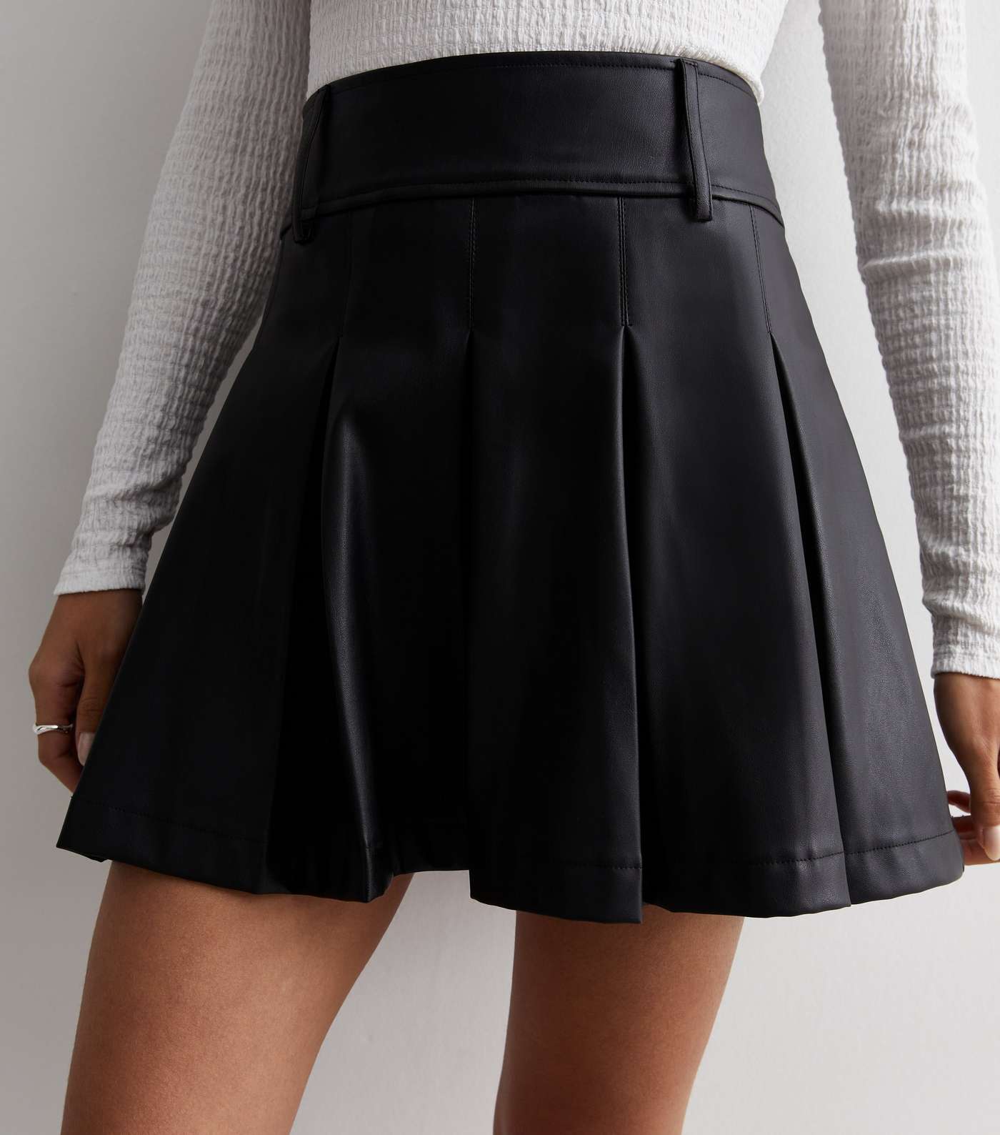 Black Leather-Look Pleated Mini Skirt Image 3