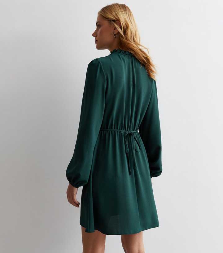 Dark Green High Neck Long Sleeve Mini Dress | New Look
