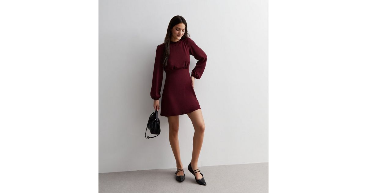 Burgundy High Neck Long Sleeve Mini Dress