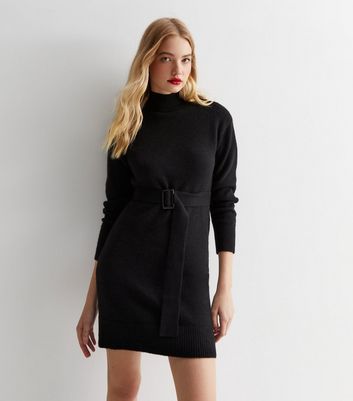 Black High Neck Belted Mini Dress New Look