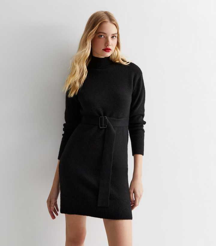 Black High Neck Belted Mini Dress