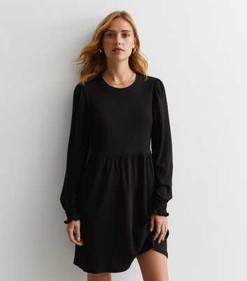 Black Crinkle Long Sleeve Smock Mini Dress