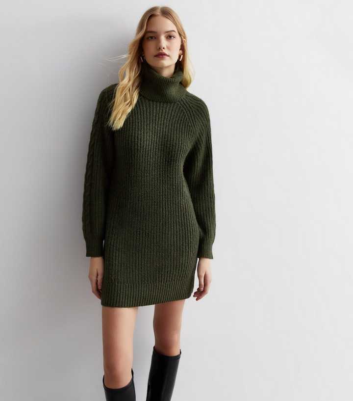 Khaki Ribbed Roll Neck Mini Jumper Dress