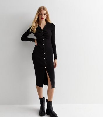 Black ribbed button down best sale midi dress