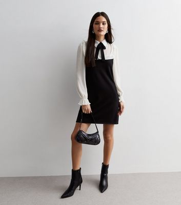 Black Pleated Chiffon Knit 2-in-1 Mini Shirt Dress | New Look