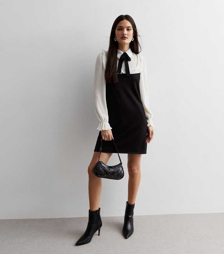 2 in 1 shirt dress Black Pleated Chiffon Knit 2-in-1 Mini Shirt Dress