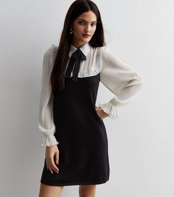 Black Pleated Chiffon Knit 2-in-1 Mini Shirt Dress | New Look