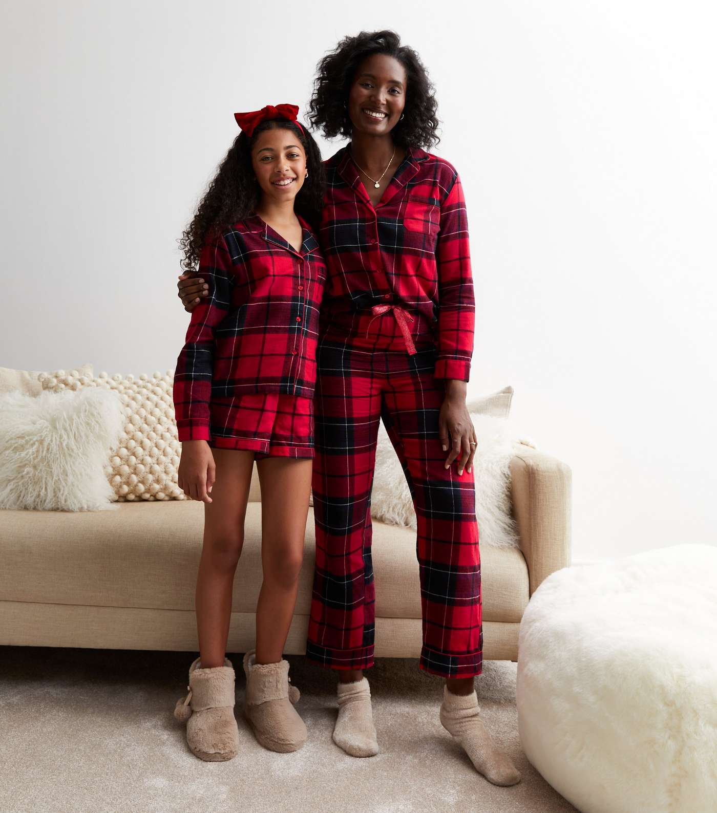 Girls Red Short Family Pyjama Set with Check Print Image 7