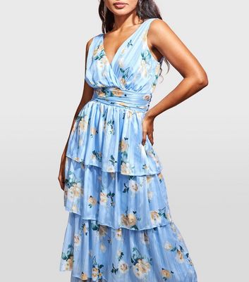 Fiorire slate blue floral print wrap maxi outlet dress