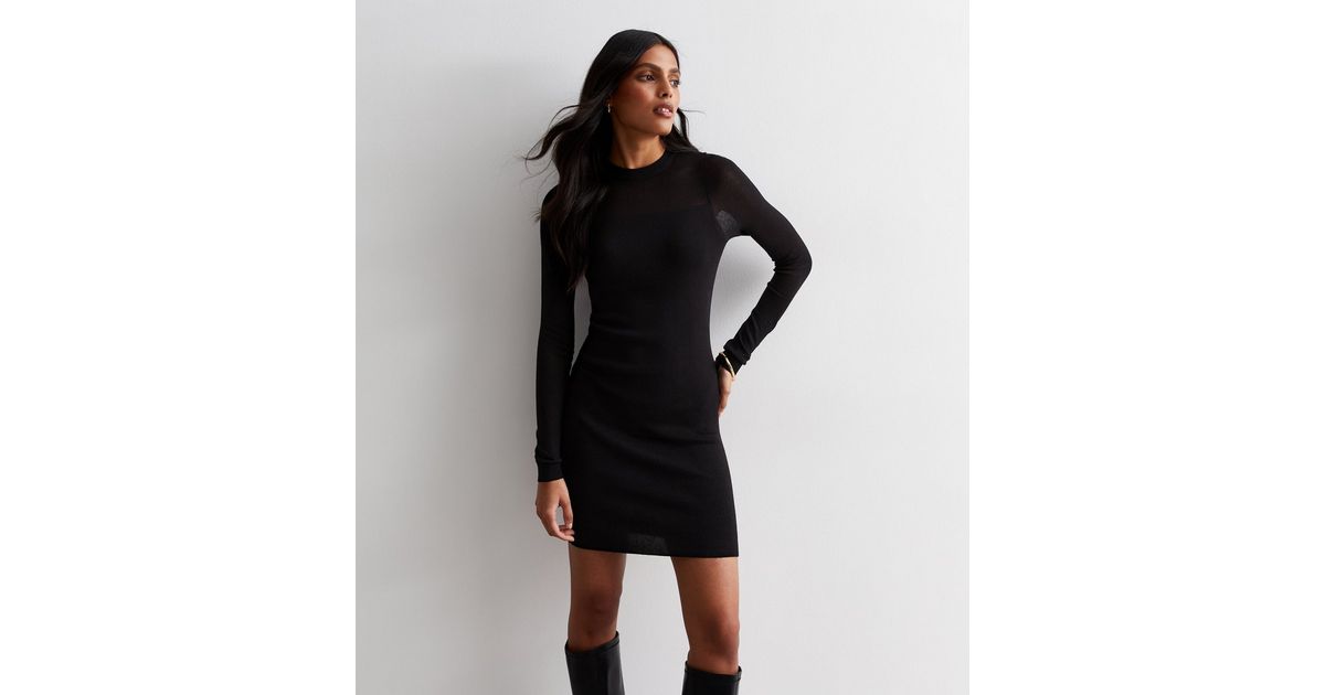 Black Sheer Yoke Long Sleeve Mini Dress