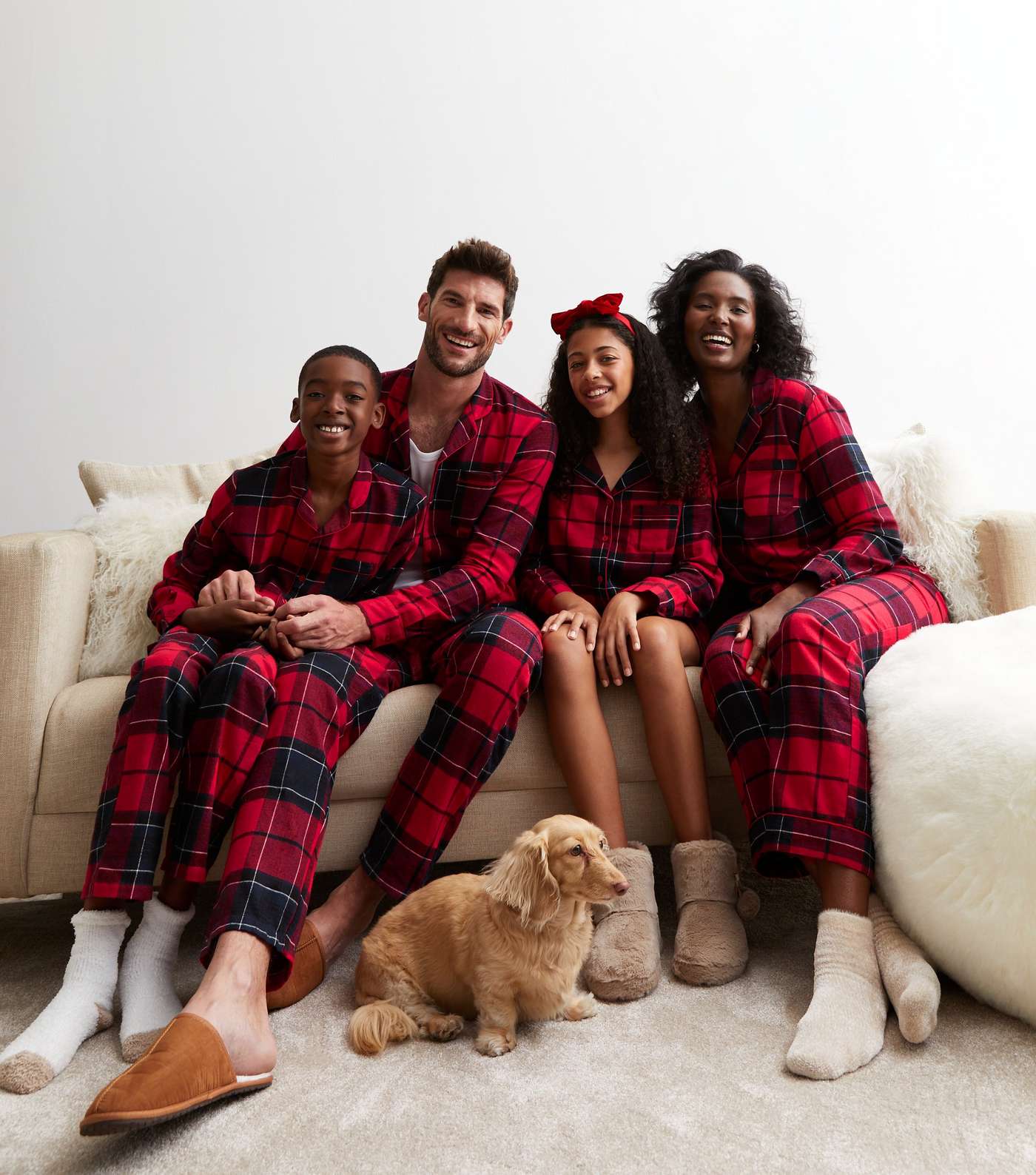 Red Cotton Trouser Family Pyjama Set with Check Print Image 2