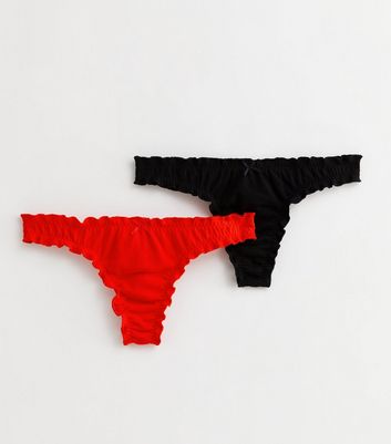 2 Pack Red and Black Ribbed Lettuce Hem Thongs New Look