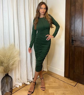 AX Paris Dark Green Ruched Bodycon Midi Dress