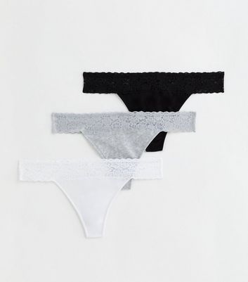3 Pack Black Grey and White Lace Trim Thongs New Look