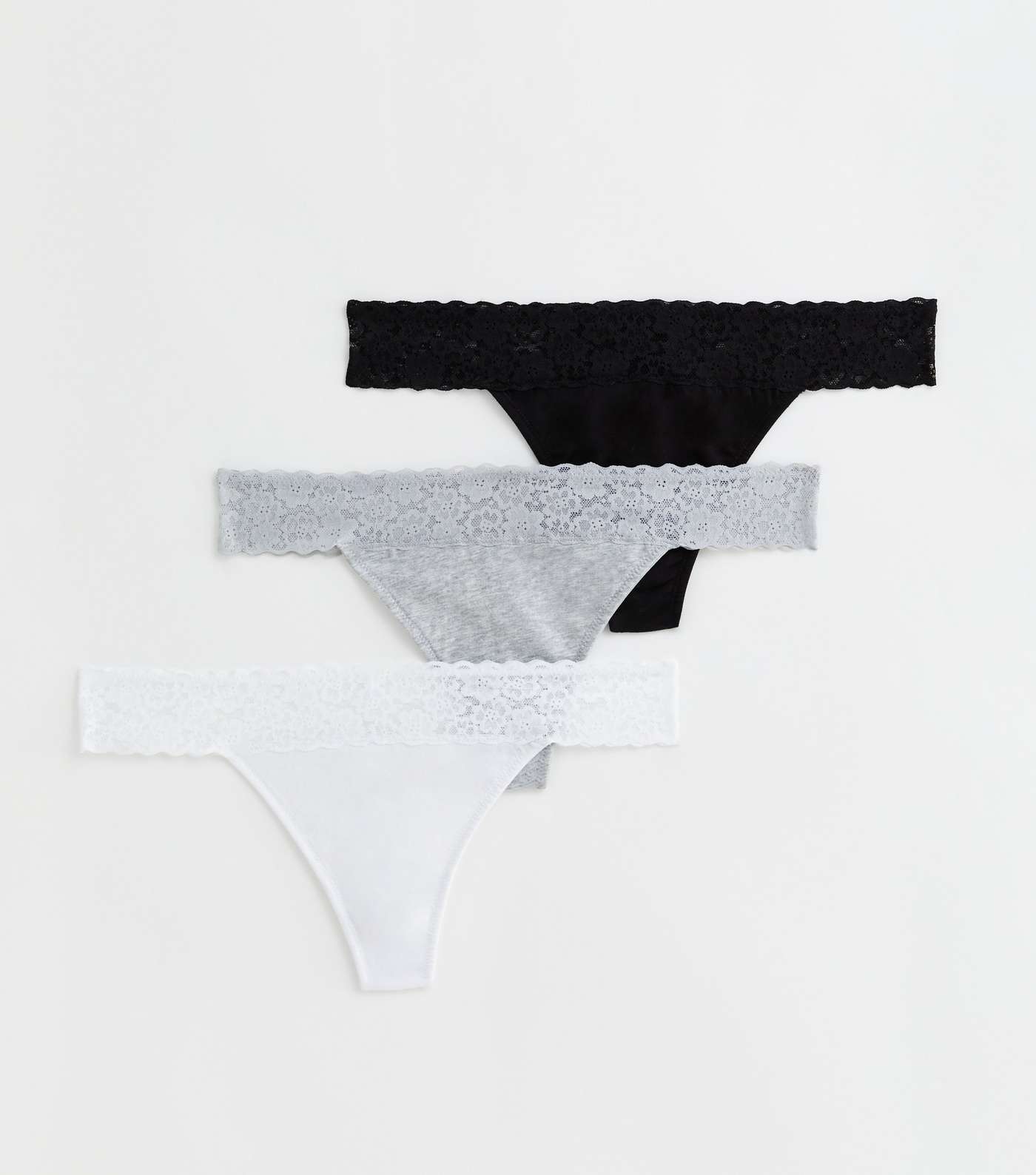3 Pack Black Grey and White Lace Trim Thongs Image 5