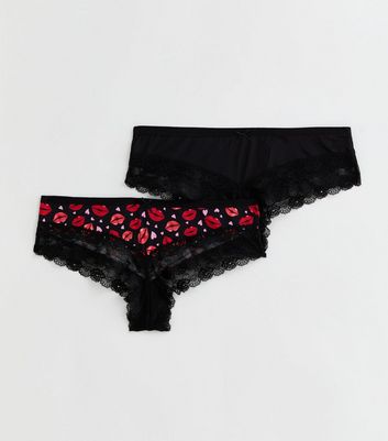 2 Pack Black Heart and Lips Print Brazilian Briefs New Look