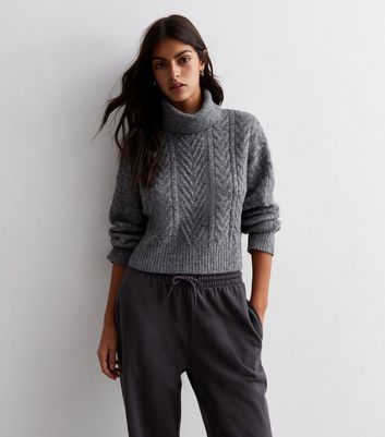 Dark Grey Cable Knit Roll Neck Jumper New Look