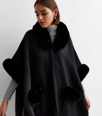Gini London Black Faux Fur Trim Poncho New Look